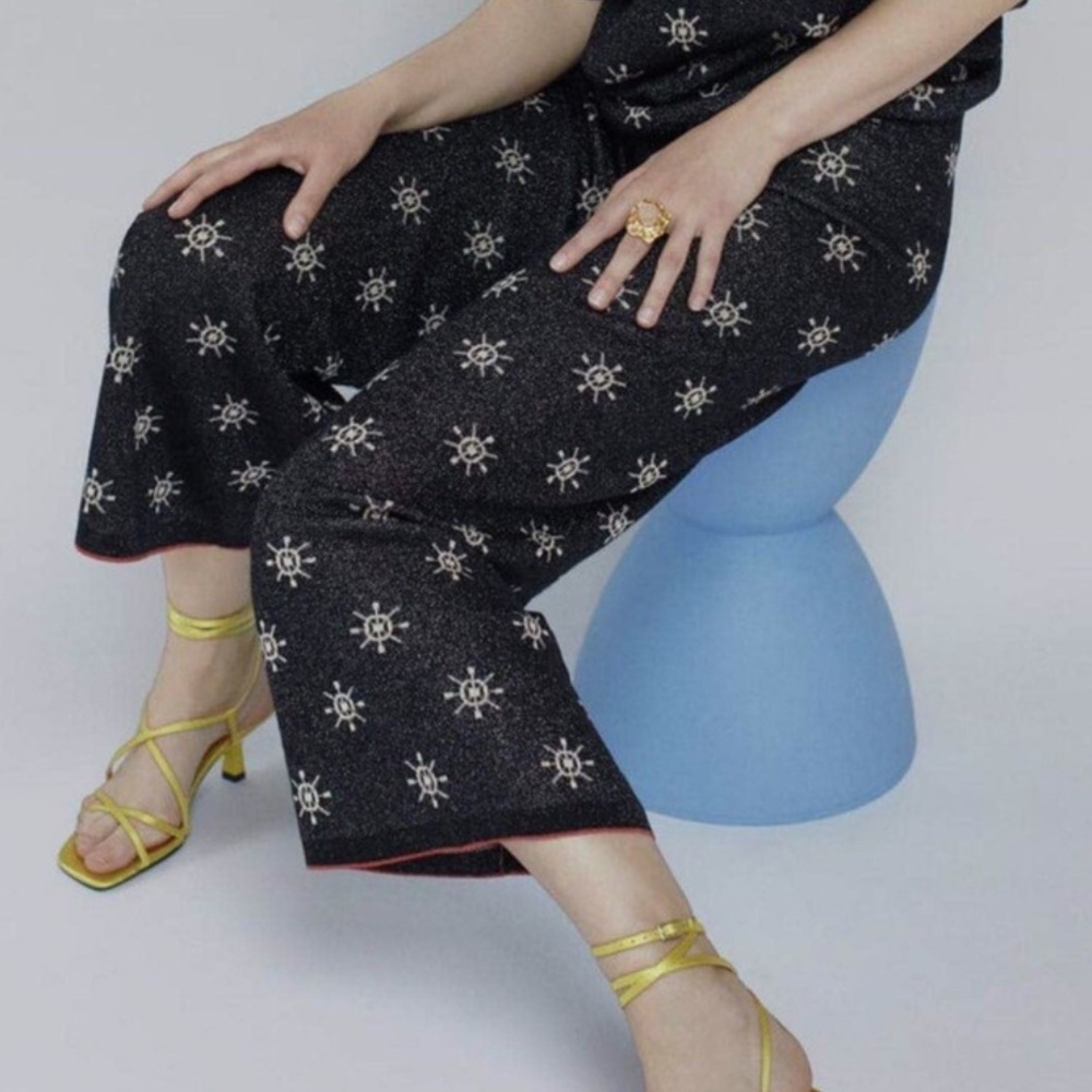 Zara Wide Leg Metallic Knit Black Abstract Print Pants Size Large